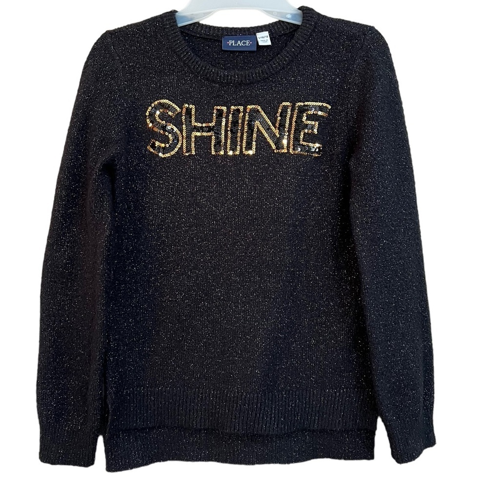 The Children’s Place Girls Black & Gold Shimmery Sequin “SHINE” Sweater,…